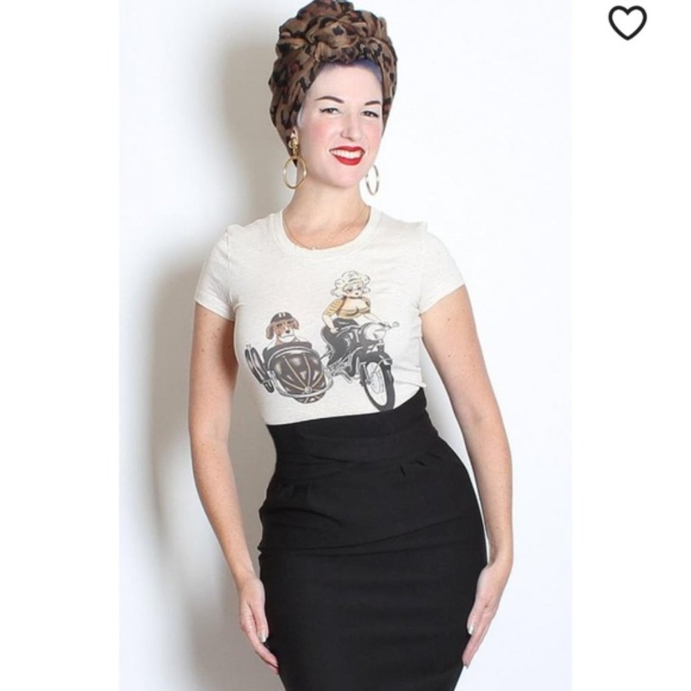 Mischief Made Pin Up Biker Girl with Dog in Side Car Retro Baby Doll Tee